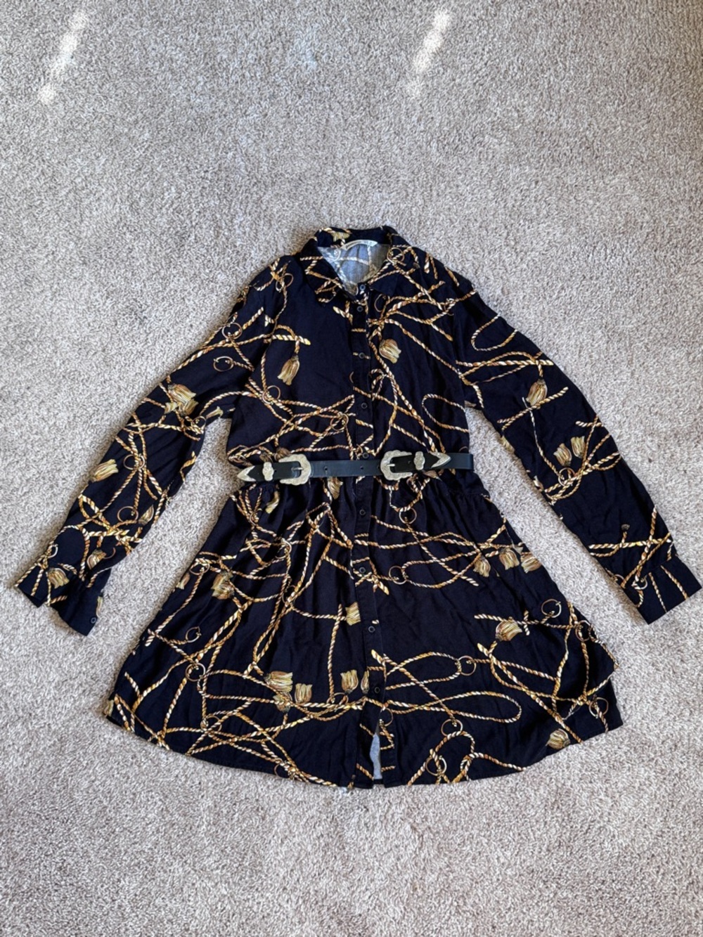stradivarius Black Shirt Long Sleeve Chain-Print Dress